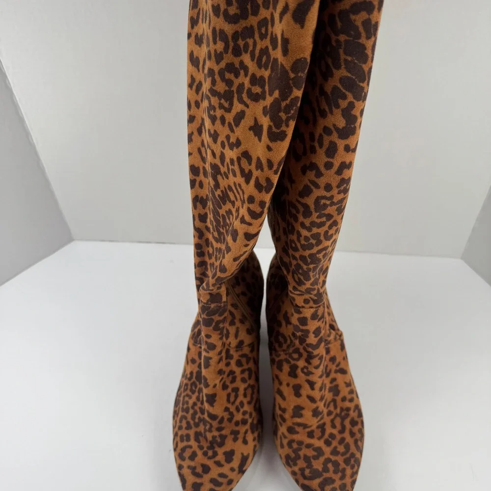 Torrid Womens Leopard Print Over The Knee Boots Pointed Toe Block Heel 8W Brown